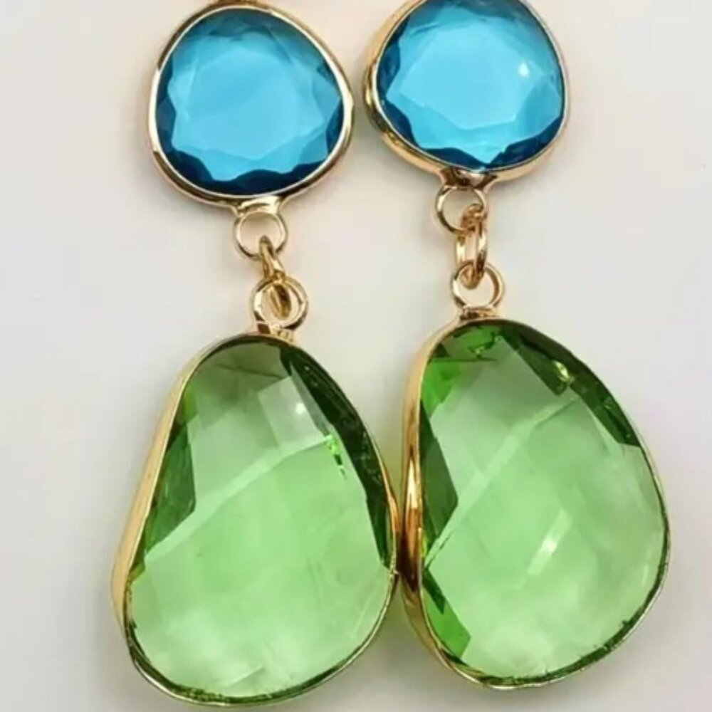 14k Gold Electro-Plated Minimalist Gold Green & Blue Glass Drop Dangle Earrings - Picture 2 of 2